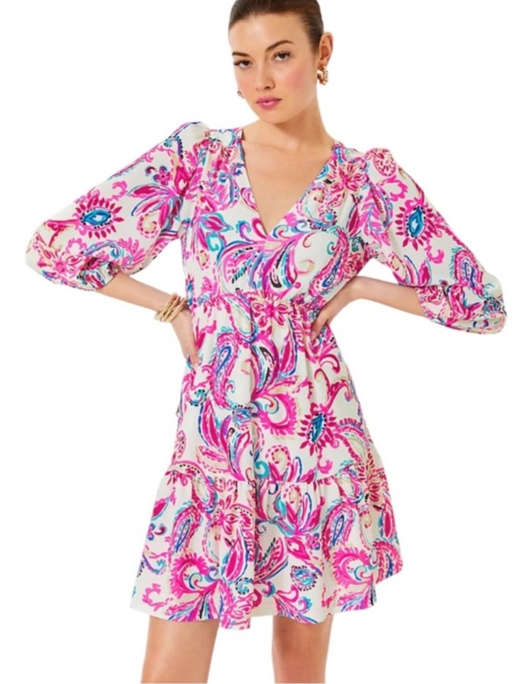 Lilly Pulitzer deacon dress size 6 in Vibrant Pink & Blue Paisley V-Neck Dress